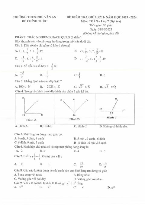 Đề thi Giữa kì 1 Toán 7 năm 2023-2024 trường THCS Chu Văn An (Bình Dương)